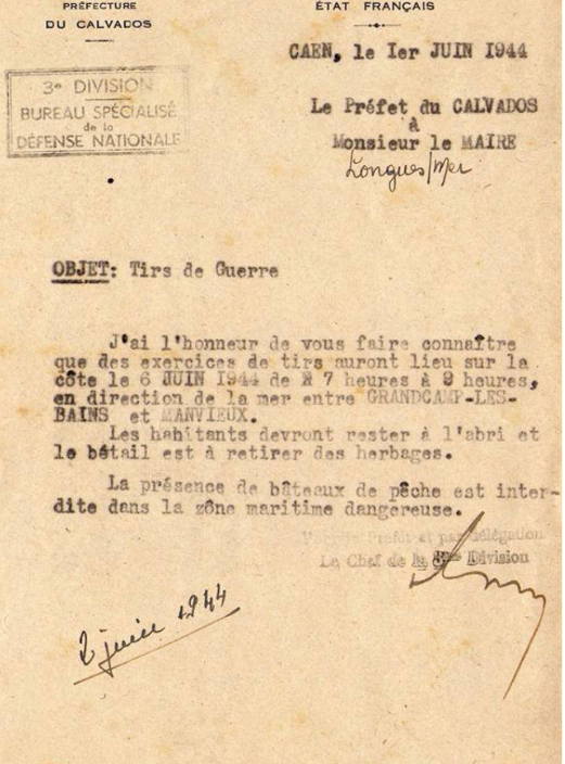 MemorialBunkers's tweet photo. Le 1er juin 1944, le @Prefet14 prévenait le maire de #Longuessurmer que des exercices militaires allaient avoir lieu le 6 #juin et commandaient aux habitants, bétails et bâteaux de pêche de rester en lieu sûr. Ainsi, le #Débarquement a été annoncé. #Histoire #Calvados #Overlord https://t.co/XBBDXTra0F