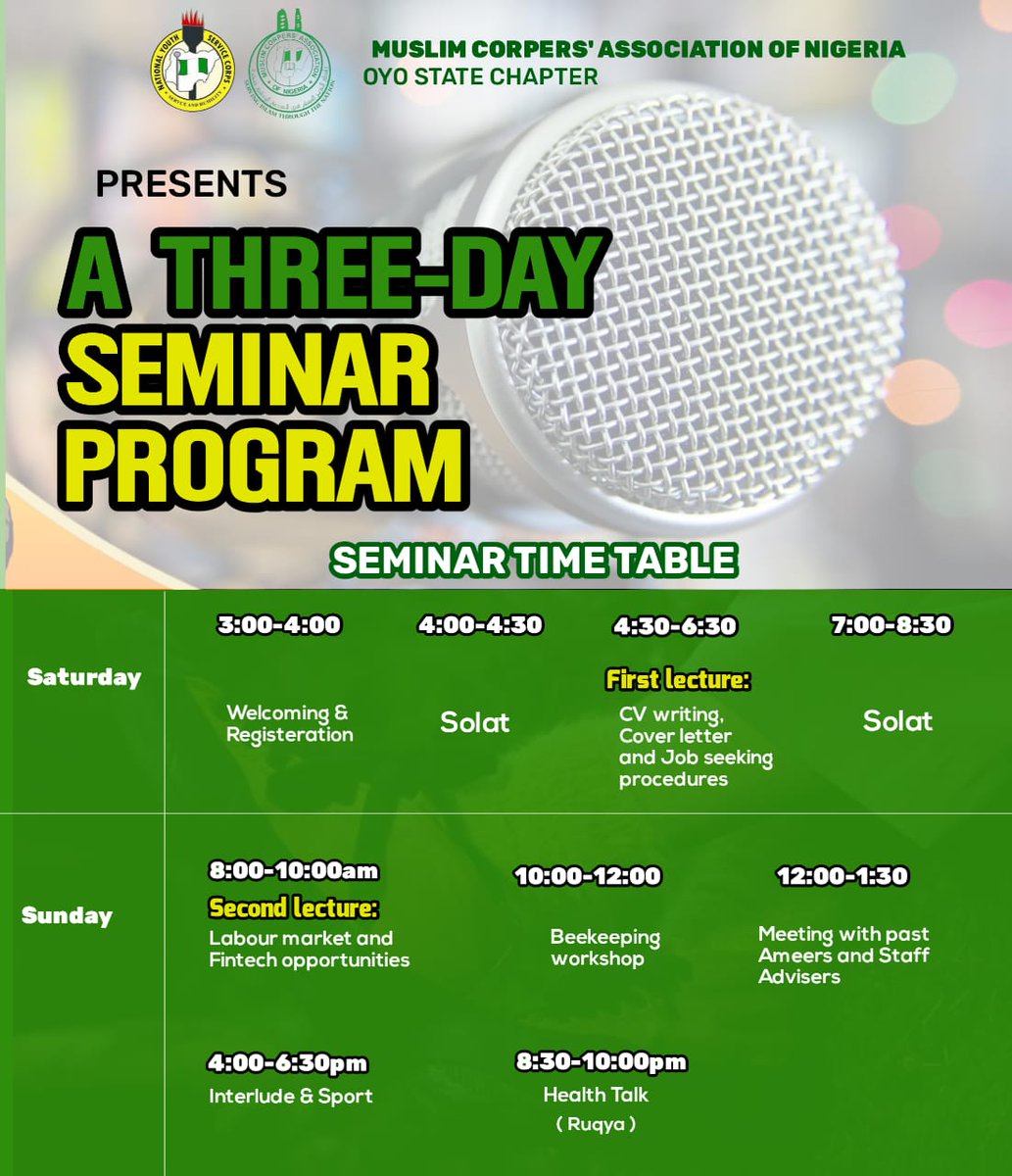mcanoyosc's tweet photo. The Muslim Corpers'Association of Nigeria, Oyo State Chapter kickstart her three day Seminar which is aimed at building the human capacity of the Muslim Corps members serving in Oyo State.
#NYSC #GSM #MCAN #NSCIA https://t.co/14AROFJSMV