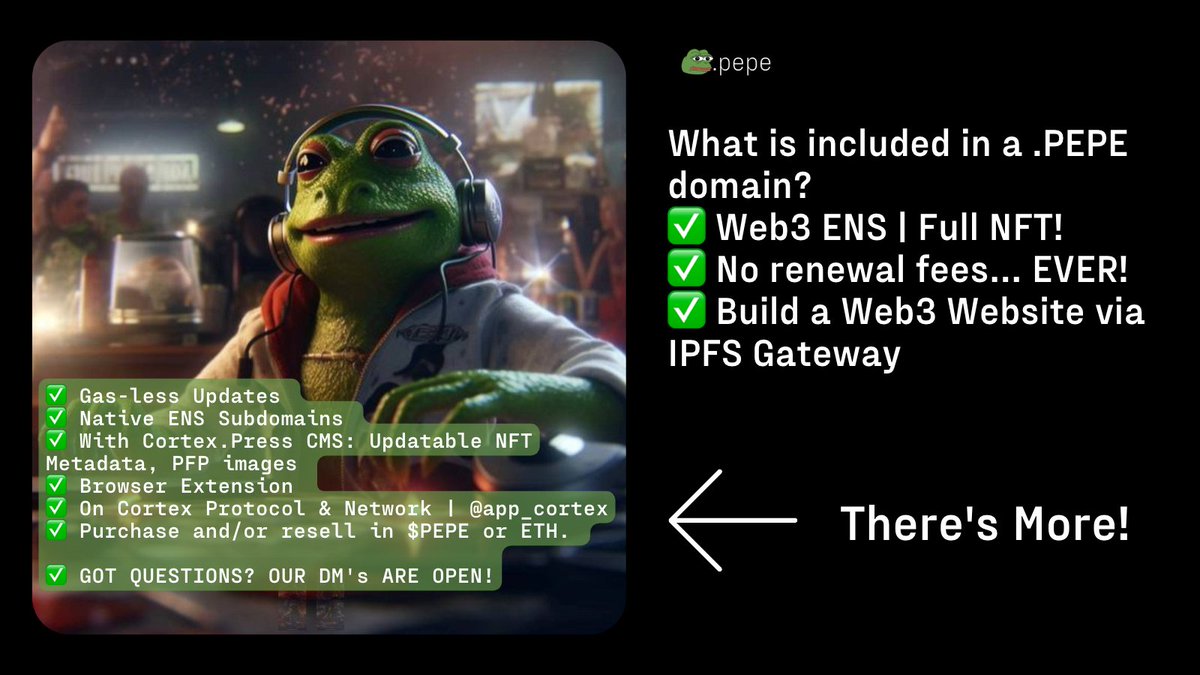 The Allow-List for .PEPE is now LIVE! 
Share, retweet and sign up for the .PEPE allow-list for a chance to win 1 Billion $PEPE in giveaways!

🎧🔊 Feels good, man! 🐸