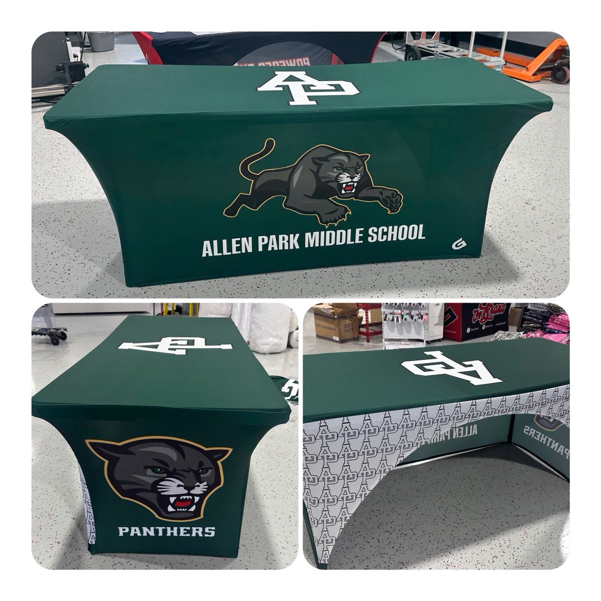 Allen Park Middle School table covers! Panthers coming in hot ⭐️ #PoweredByG #LookGoodPlayGood #Professional #AllenPark #MiddleSchool #Unrivaled #CustomTableCover #TheGTakeover #WeGotGame #CustomGame GBRANDUSA.COM