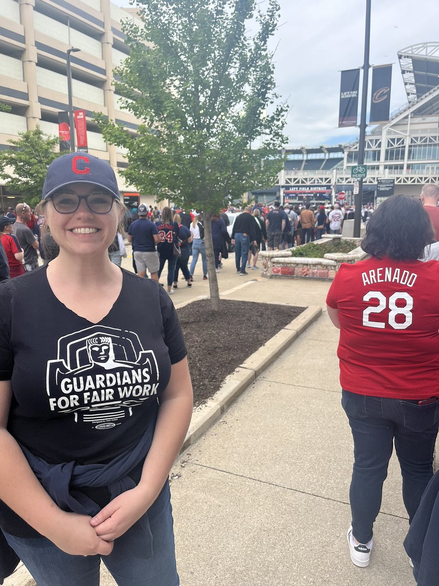 justinstrekal's tweet photo. As always, @DanaBye is on message as we head to the ballpark, repping @FairWorkCLE in honor of our big win this week against wage theft! 

Go Cleveland Baseball Team! #Guardians https://t.co/UT5vHnvPD2