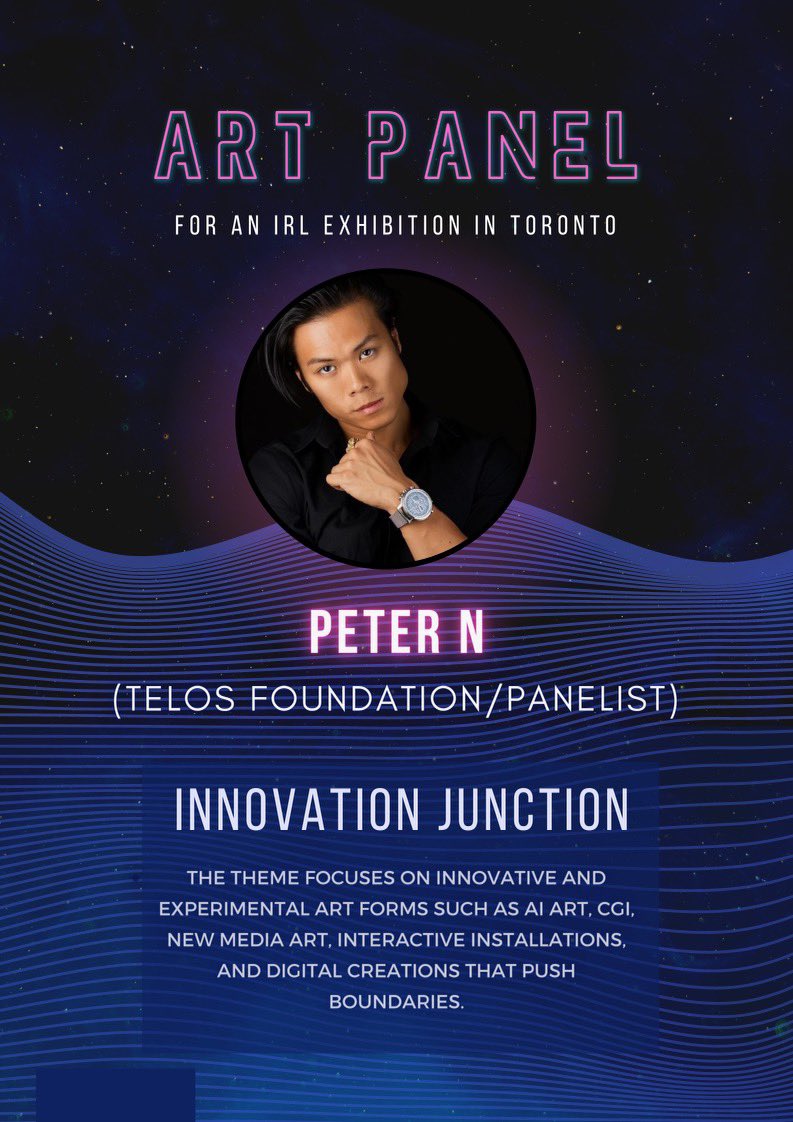 @HelloTelos CMO, panelist @Peter_NXI 

Art Panel discussing what the Art of the Future may look like. 

Opening Sun May 28, 6pm #IRL #Toronto @Telos_NFTs