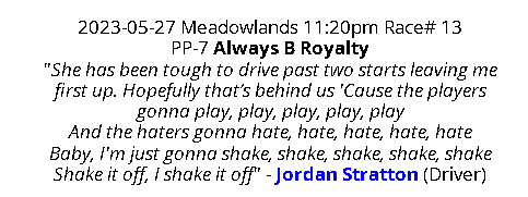 <a href="/stratton_racing/">Jordan Stratton</a> paying homage to <a href="/taylorswift13/">Taylor Swift</a>  tonight with a comment for racing at <a href="/TheMeadowlands/">Meadowlands Racing</a>