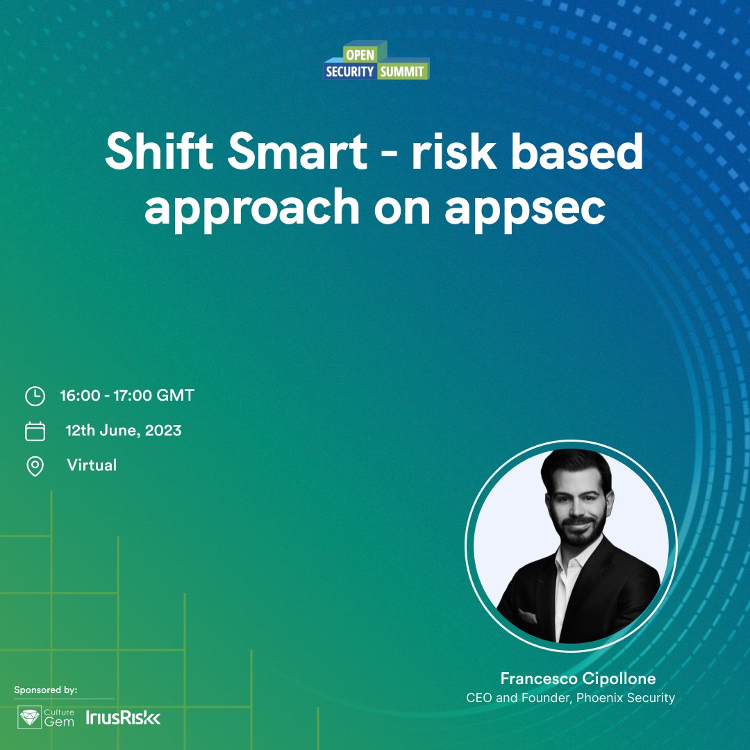 opensecsummit's tweet image. ⏲️It's time for a smarter approach to app security!

Don't miss out on the "Shift Smart - #RiskBasedApproach on #AppSec" session with @FrankSEC42 at the upcoming OSS.

Sign up FREE to learn a new way of tackling vulnerabilities with #ShiftSmart👉 open-security-summit.org/sessions/2023/…

#OSS2023