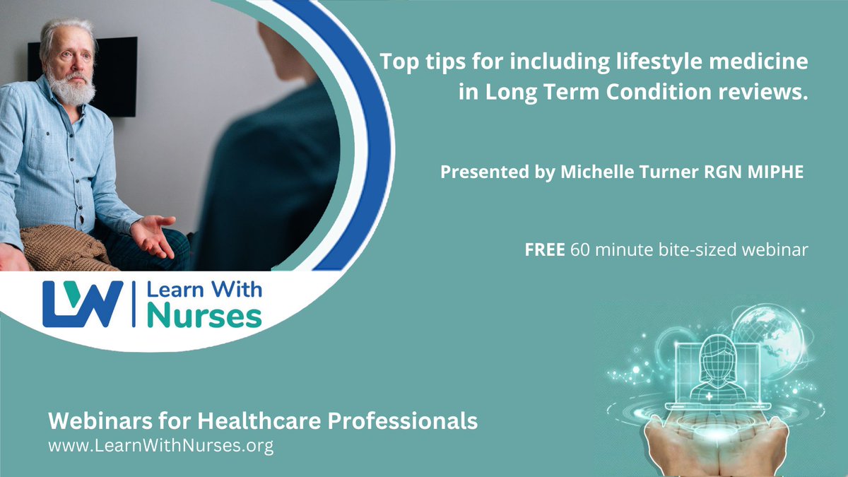 NEW! 🗓️14.6.23 ⏰6.30pm
🍏#LifestyleMedicine & #LTC 📢@nurseMichelleT
🆓Register: learnwithnurses.org/event/top-tips… #NurseTwitter #LWN
@BritSocLM @BurdettTrust
@WeNurses
@WeStudentNurse
@WeCommNurses
@WeGPNs
@Gpnsnn
@WeLDnurses
@WeMHNurses