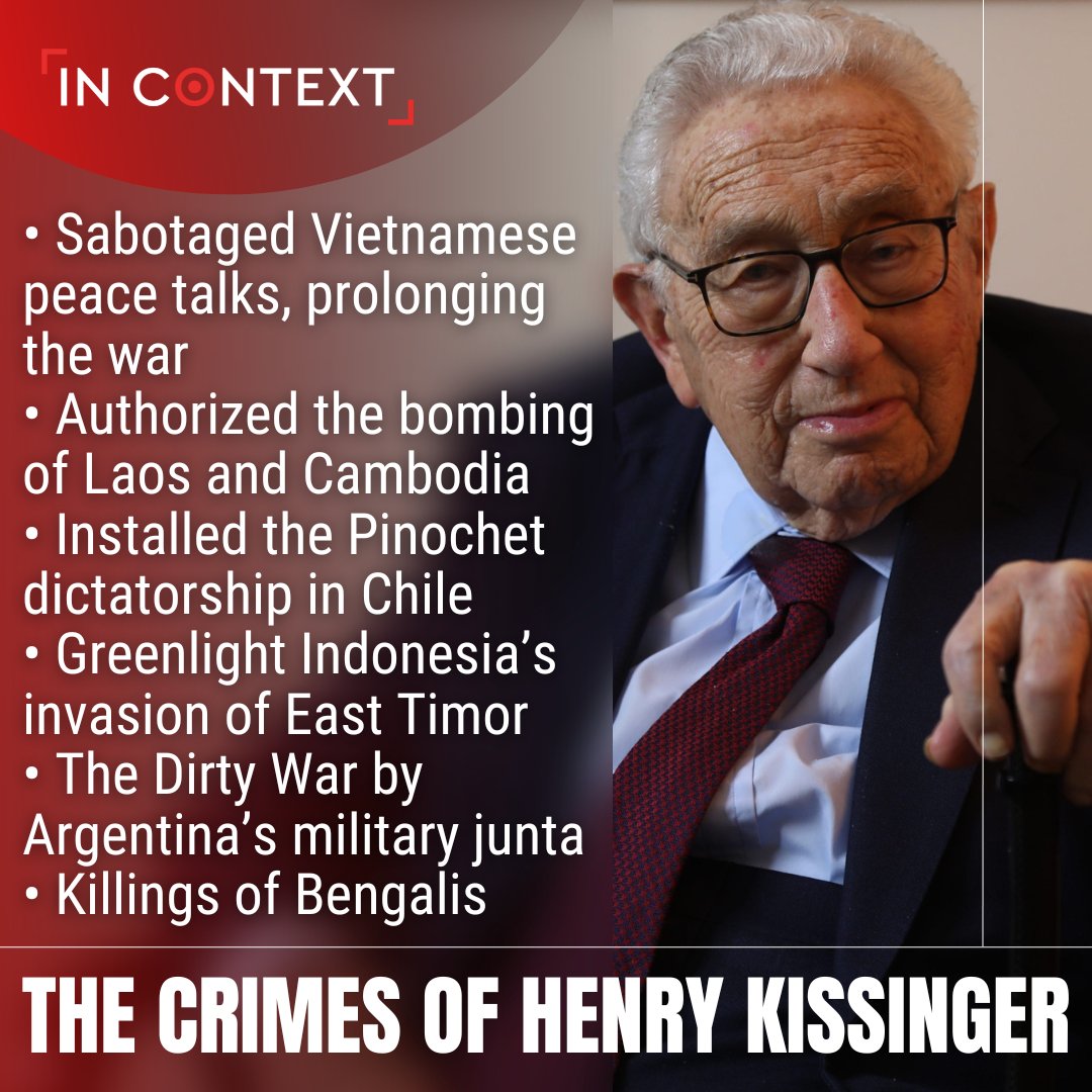 🧵Henry Kissinger, former national security adviser and US Secretary of State, turns 100 today.

His actions led to or enabled millions of deaths around the globe.

#Kissinger:
- extended the Vietnam war by sabotaging Vietnamese peace talks
⬇️