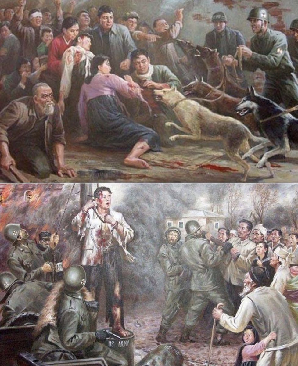 historyinmemes's tweet image. Anti-US Army propaganda art by the North Korean government during the 1950s.
