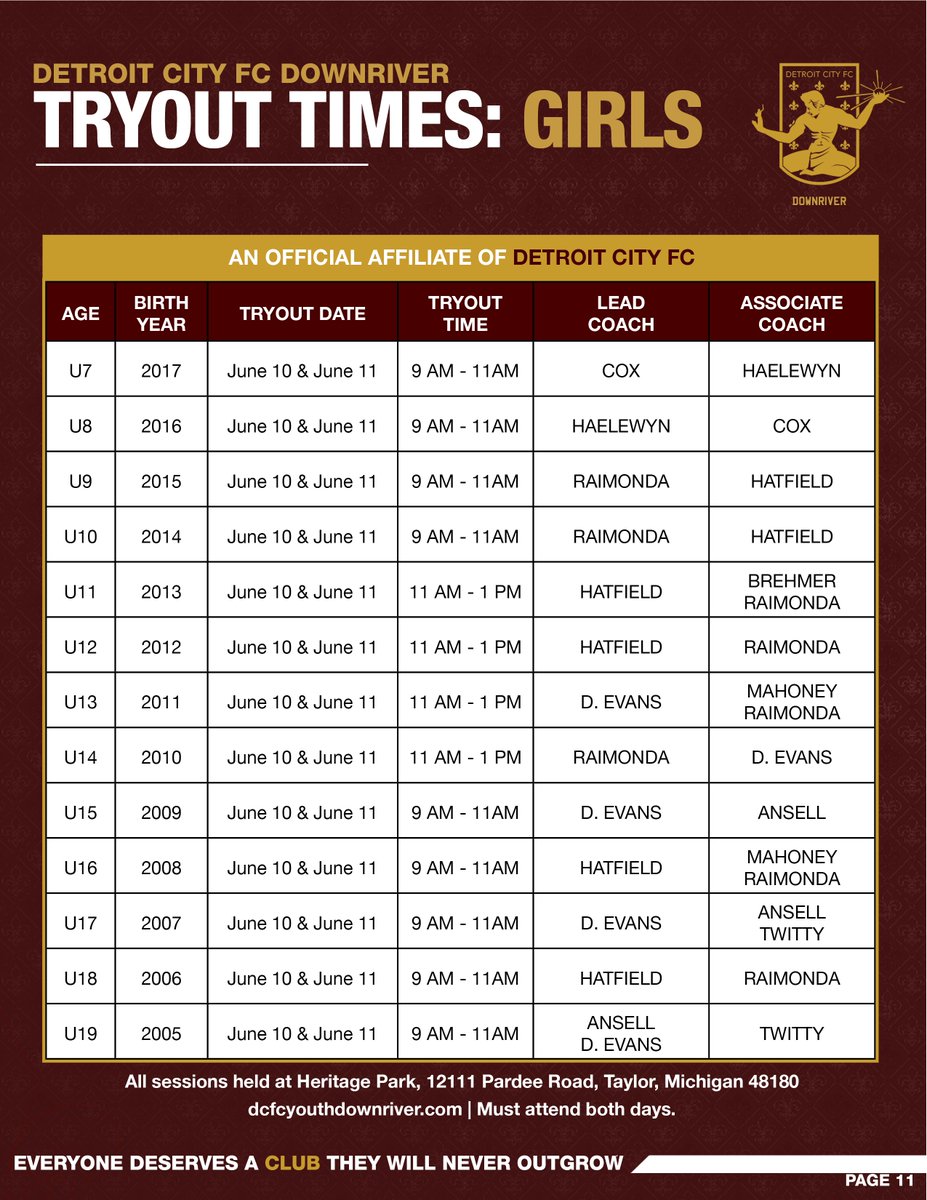DCFCDownriver's tweet image. ⚜️ TRAVEL TEAM TRYOUTS ⚜️ Registration for Detroit City FC Youth Downriver Girls Travel Team Tryouts for the 2023-2024 Season is open. Go to dcfcyouthdownriver.com/club/tryouts to register and for more details!  All current and new players are required to register. Heritage Park, Taylor.