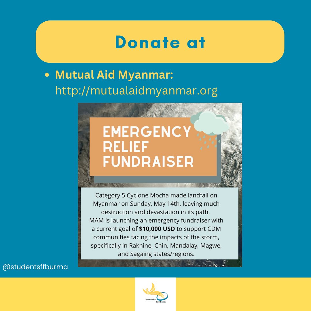 In Mid May, Cyclone Mocha devastated Myanmar. Many of the affected communities are still in dire need of assistance. Please help donate to these communities at Mutual Aid Myanmar's Emergency Relief Fund (mutualaidmyanmar.org) or other fundraisers you have access to!