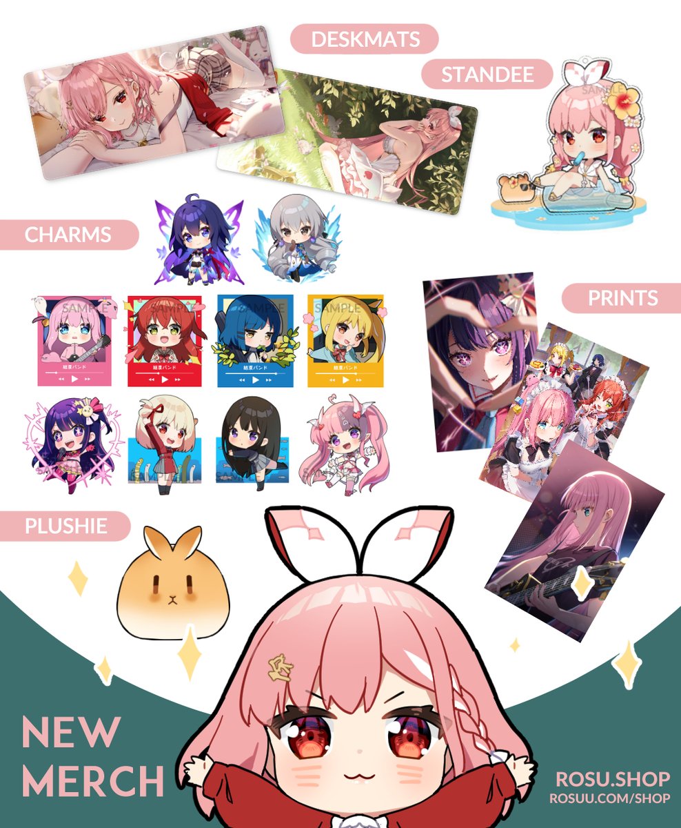 Deskmats, standee, charms, prints and plushie are up for preorder!✨ Here➔  rosuuri.com/shop