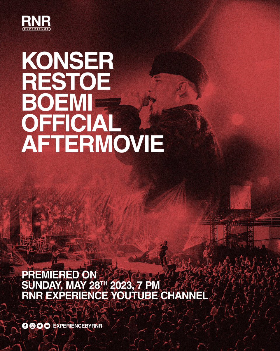 Bersiap! Malam ini kami akan merilis ‘aftermovie’ resmi #KonserRestoeBoemi. Cek poster di bawah untuk detilnya. Nah, lanjut klik youtu.be/UmrVmb4FMGg, lalu nyalakan lonceng pada videonya biar tidak ketinggalan sesi ‘premiere’. 😎🙌🏻