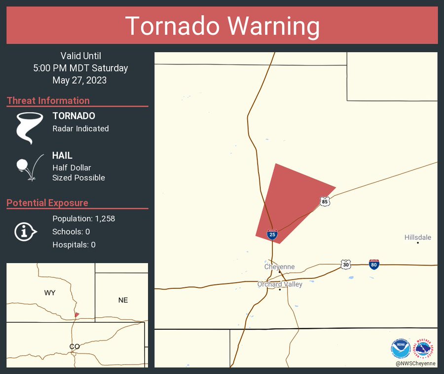 This graphic displays a tornado warning plotted on a map. The warning is in effect until 5:00 PM MDT. The warning includes Laramie County, WY.  This warning is for Central Laramie County in southeastern Wyoming and This does NOT include the city of Cheyenne.. The threats associated with this warning are a radar indicated tornado and half dollar sized hail. There are 1,258 person in the warning along with 0 schools and 0 hospitals.