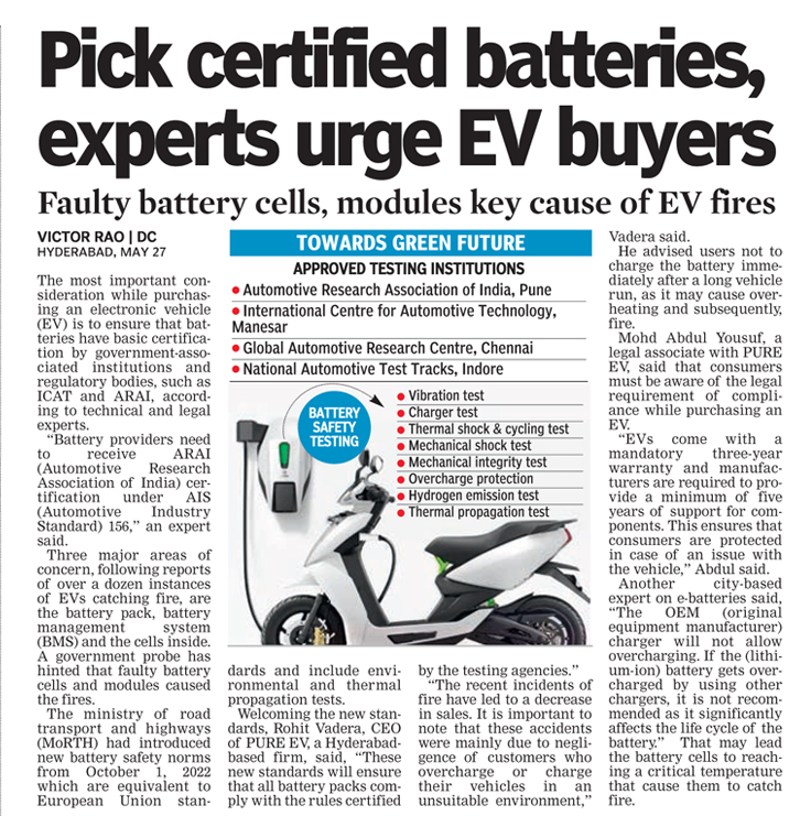 In the EV bandwagon , be careful on what you use as battery . Especially when you are using a EV Car. Safety first. 
 @DeccanChronicle @oratorgreat