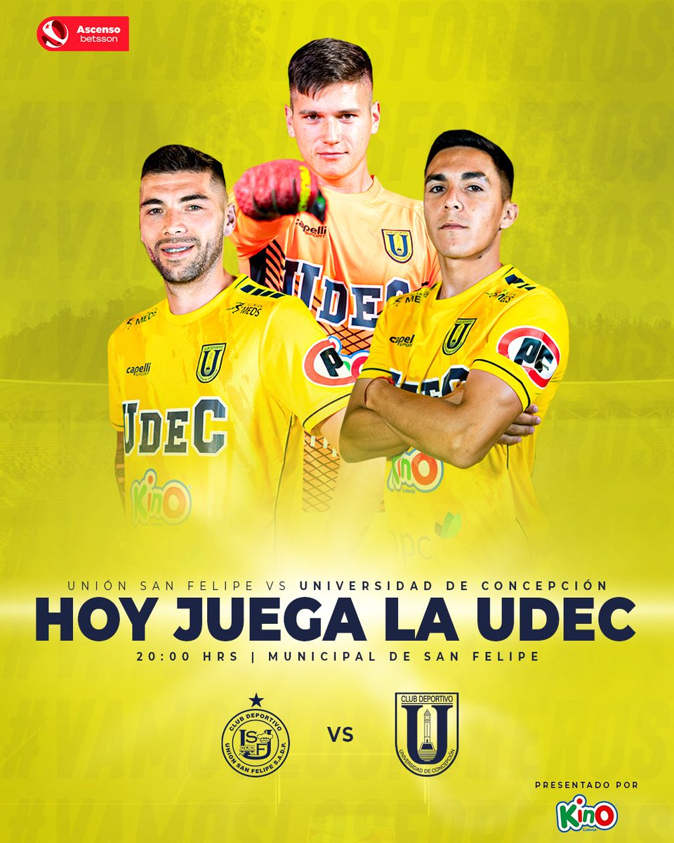 FutbolUdeC's tweet photo. ¡𝗛𝗢𝗬 𝗝𝗨𝗘𝗚𝗔 𝗟𝗔 𝗨𝗗𝗘𝗖! 🟡🔵

📌 Fecha 1️⃣4️⃣ #AscensoBetsson
📺 Transmite @tntsportscl 

📲 Presentado por @kino_cl, muchas más opciones de ganar. 

#VamosLosForeros https://t.co/21EJa4Uk3a