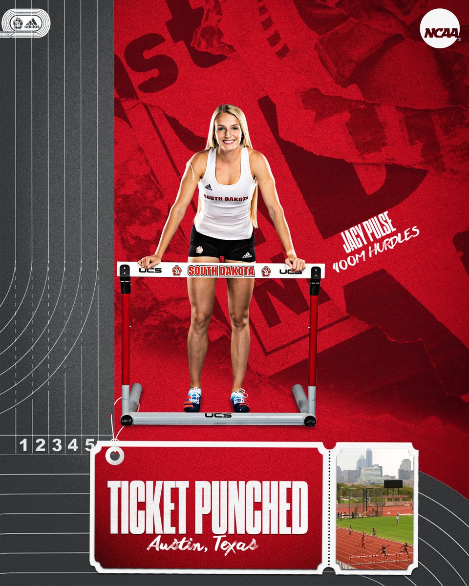 SDCoyotesXCTF's tweet photo. 𝐀𝐮𝐬𝐭𝐢𝐧 𝐛𝐨𝐮𝐧𝐝! 🛫

Big Q for Jacy Pulse in the 400m hurdles! 👊 She finished third in her heat, with the fifth-fastest time overall at 56.11 seconds, to automatically advance to the NCAA finals!

#GoYotes x #WeAreSouthDakota 🐾 https://t.co/ctzDs7UP5L