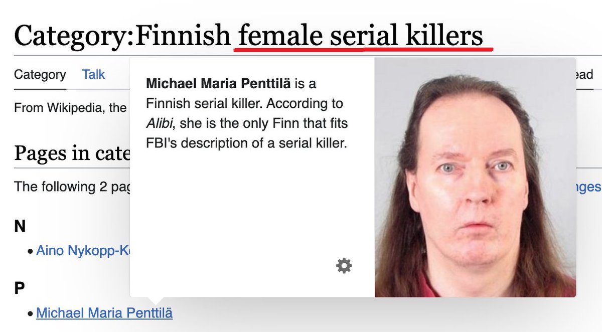 🇫🇮フィンランド、トランスジェンダー連続殺人犯をウィキが「女性」として大炎上🔥
マイケル・マリア・ペンティラ容疑者（57）は、長期にわたり多くの少女や女性をレイプ、絞殺した犯罪歴がありFBIが連続殺人犯とするフィンランド人。統計上、女性の犯罪とした。
女性怒りのタグ #notourcrimes 😡💢