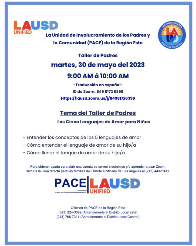 MsTinocoEnciso's tweet photo. Please join us for our Region East family workshop on Tuesday, May 30th from 9 AM-10 AM about the Five Love Languages for Children. Zoom ID: 849 8172 6398 https://t.co/o8xKyusd86

@LASchoolsEast https://t.co/l75eQBWuKj