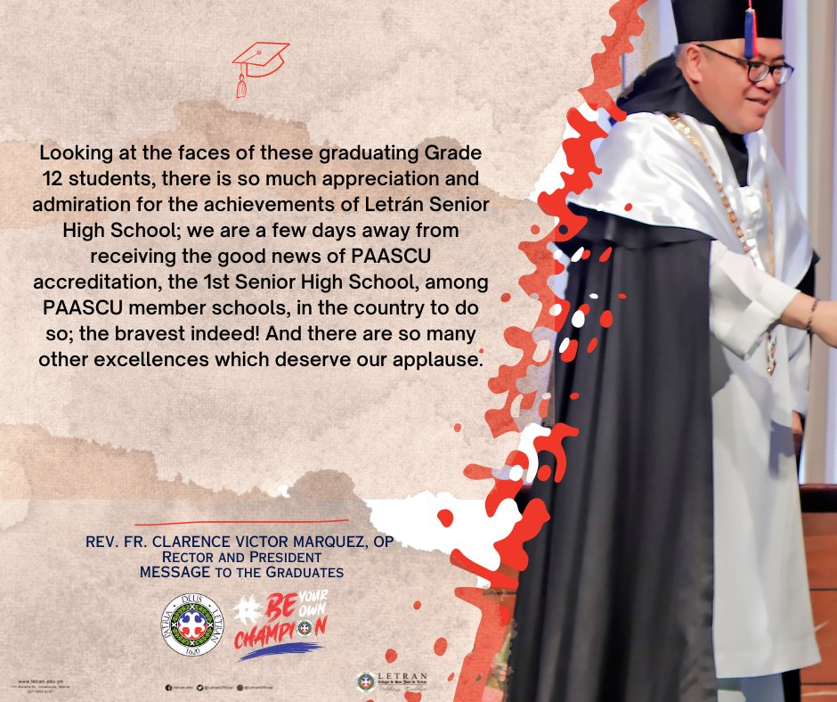 LetranOfficial's tweet image. READ: We invite you to read the heartfelt message of Fr. Clarence Marquez, OP, our esteemed Rector and President, addressed to the remarkable Class of 2023 of our Senior High School Department.