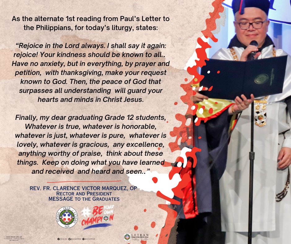 LetranOfficial's tweet image. READ: We invite you to read the heartfelt message of Fr. Clarence Marquez, OP, our esteemed Rector and President, addressed to the remarkable Class of 2023 of our Senior High School Department.