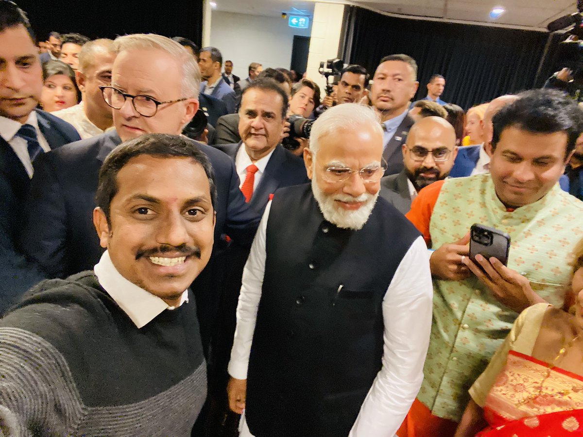 RajkumarGoud_V's tweet photo. It was immense pleasure meeting The Honourable  Prime Minister of India Shri @narendramodi Ji and also The Honourable Prime Minister of Australia Mr Anthony Albanese @AlboMP in Sydney. Unforgettable memories for life time. Lucky me being in Frame with Both the Prime Ministers. https://t.co/GkNyzmiVFr