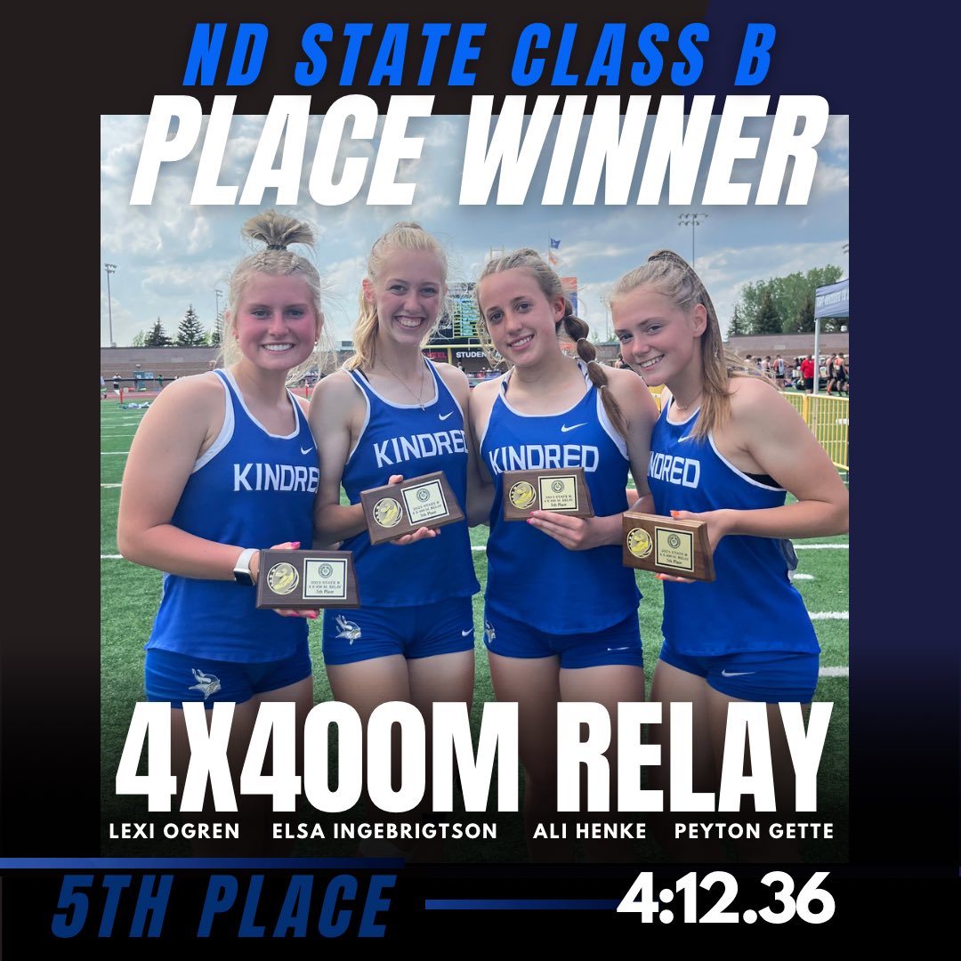 💥STATE PLACE WINNER💥
5️⃣5th PLACE5️⃣

🏆Girls 4x400m Relay
🏃🏼‍♀️Ali Henke, Lexi Ogren, Peyton Gette, Elsa Ingebrigtson 
⏱️4:12.36