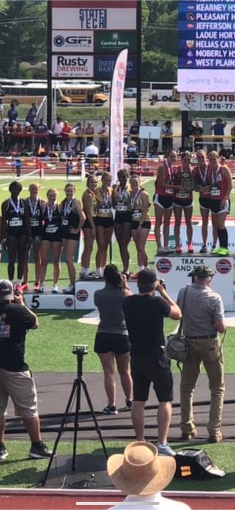 Congratulations to Ella Jameson, Justice Brewer, Addi McVicker and Bailey Robison on placing third in the MSHSAA class 3 track and field championships in the 4x400 meter relay with a time of 4:09.28! Great Job girls!