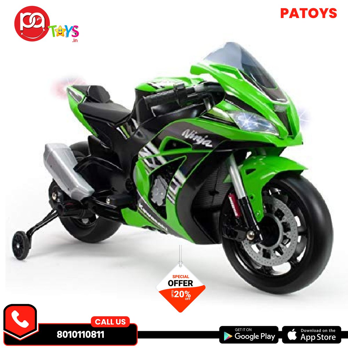 #NinjaBike #offersale #Injusa #kawasaki #rideonbike for #kids by #patoys visit us on patoys.in chat us on wa.me/918010110811