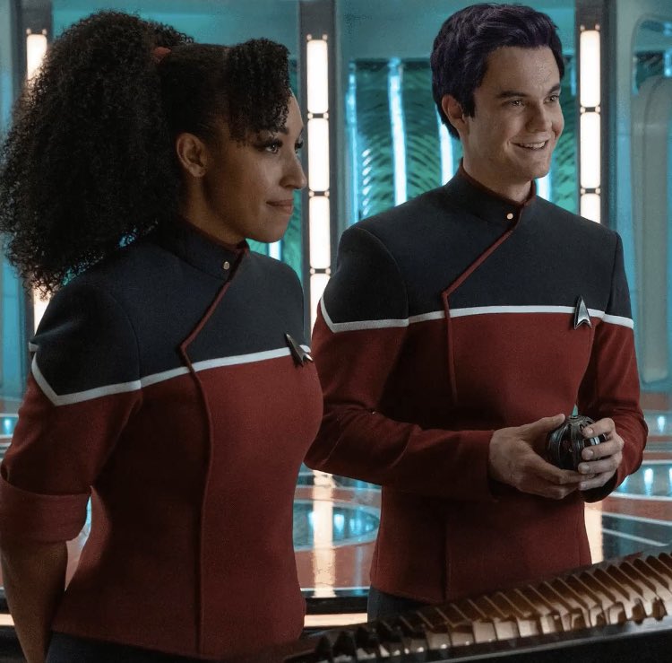ShelfNerds's tweet photo. The Lower Decks characters do not know that they are “animated.” Animation is just a medium to tell stories about characters. There’s no in-universe explanation needed to explain why Mariner and Boimler are suddenly live action. Riker exists in both. It’s still the same guy. https://t.co/8PfJdx62eC