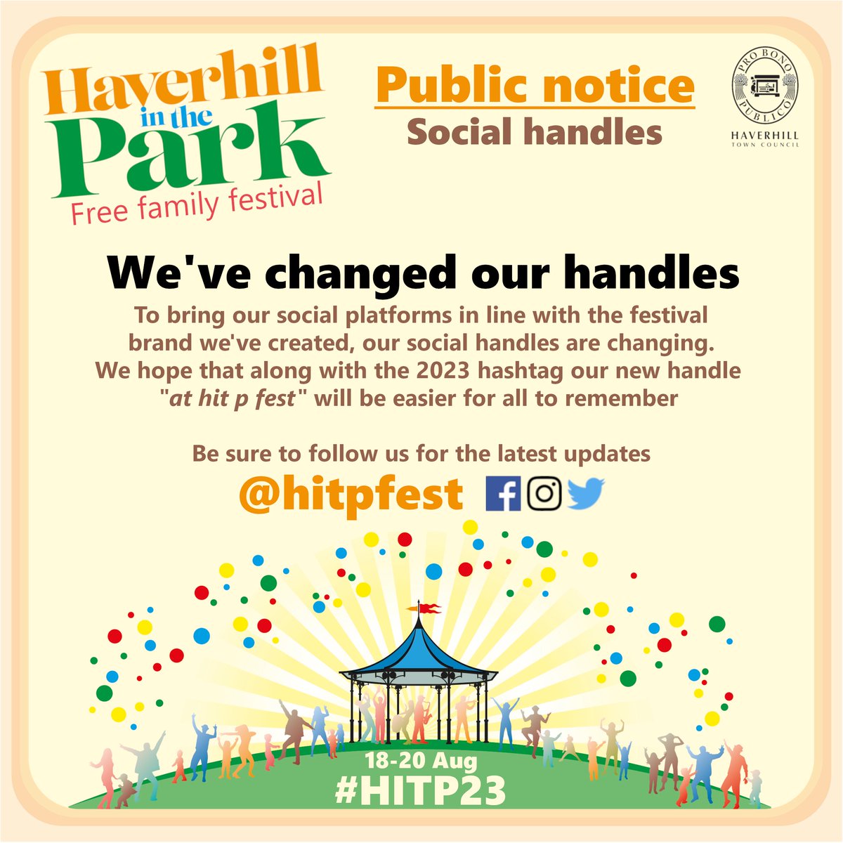 Social update: we're now "<a href="/hitpfest/">Haverhill in the Park</a>" across our social platforms, follow us for #HITP23 updates. Save the date 18-20 August! #FamilyFestival