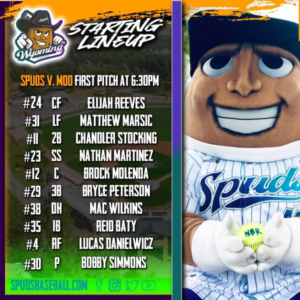 Spuds Saturday Night Lineup for game 2. Lets Go Tater Nation! 
#casperspuds #GoSpuds #TaterNation