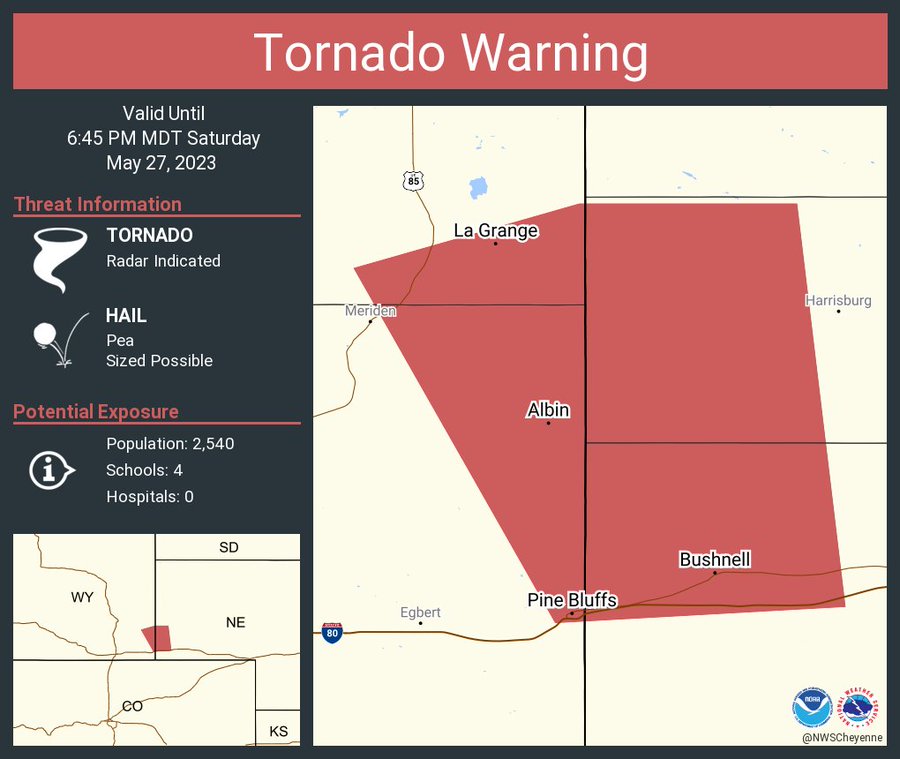 This graphic displays a tornado warning plotted on a map. The warning is in effect until 6:45 PM MDT. The warning includes Pine Bluffs WY, La Grange WY and Albin WY.  This warning is for Northwestern Kimball County in the Panhandle of Nebraska, Western Banner County in the Panhandle of Nebraska, Southeastern Goshen County in southeastern Wyoming and Northeastern Laramie County in southeastern Wyoming. The threats associated with this warning are a radar indicated tornado and pea sized hail. There are 2,540 people in the warning along with 4 schools and 0 hospitals.