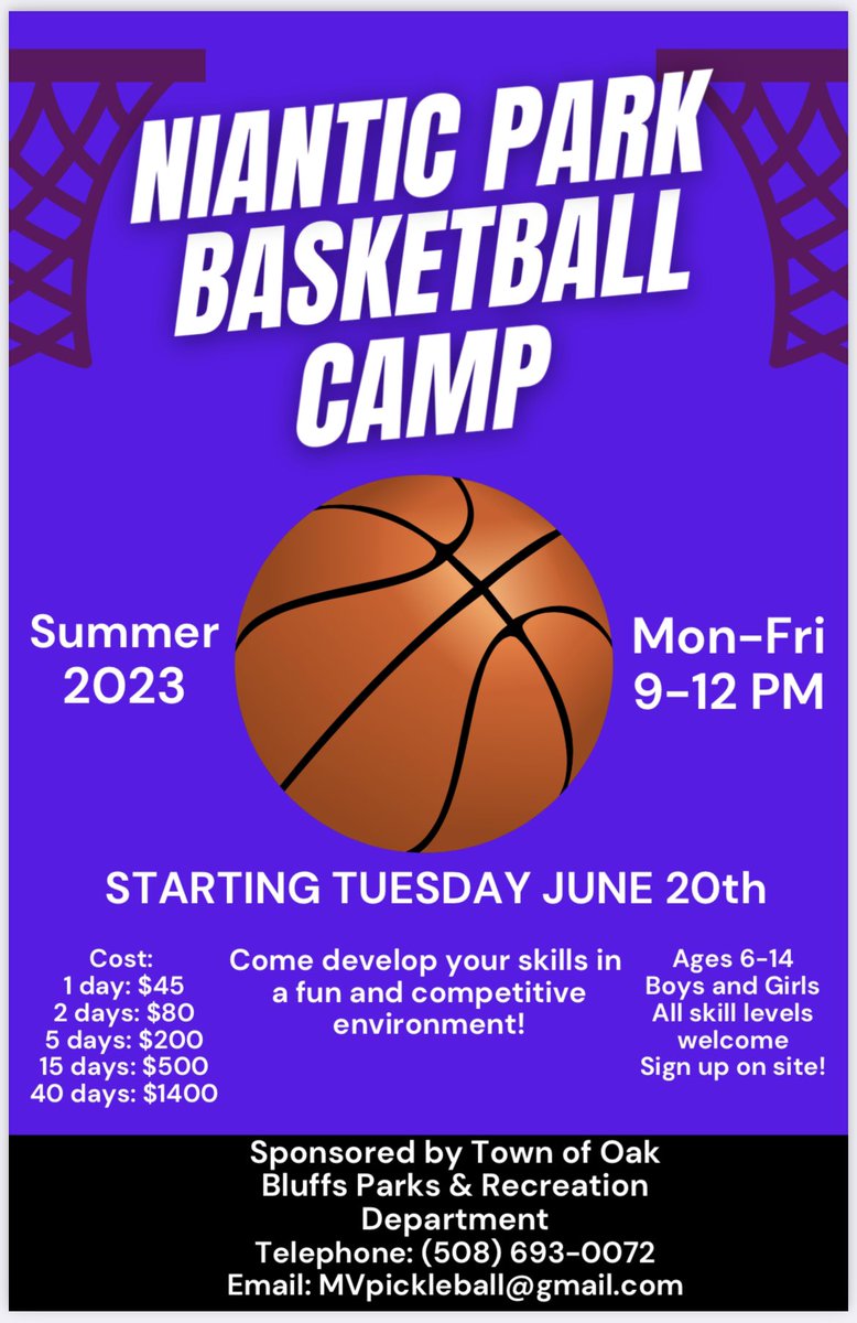 RT <a href="/OakBluffsParks/">Oak Bluffs Parks and Recreation Department</a>: Niantic Park #Basketball is back! Ages 6-14 are welcome! Email MVpickleball@gmail.com to register! #kids #OakBluffs