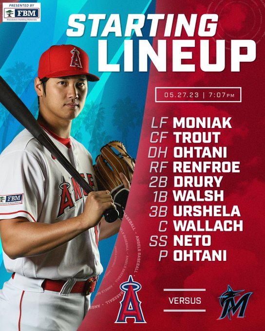 5/27 lineup: LF Moniak, CF Trout, DH Ohtani, RF Renfroe, 2B Drury, 1B Walsh, 3B Urshela, C Wallach, SS Neto, P Ohtani