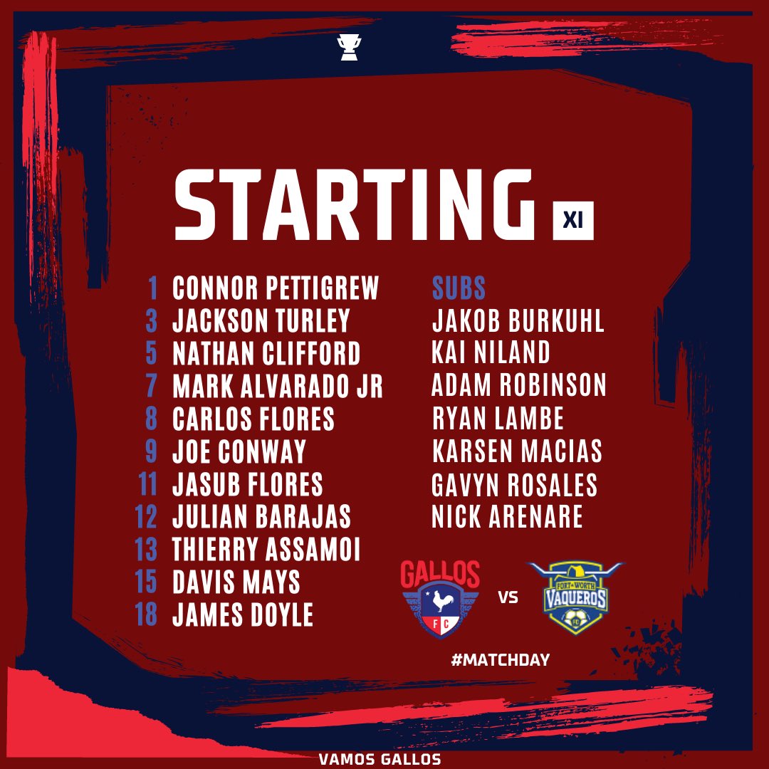 Gallos FC (@gallosfctx) on Twitter photo Presenting the Starting XI for tonight’s game against <a href="/FtWorthVaqueros/">Fort Worth Vaqueros/Vaqueras</a> ! Kickoff is at 7:30pm, come out or tune in on the livestream in our bio!
#VamosGallos⚽️🐓
#GallosFC #LosGallos #NPSL Presenting the Starting XI for tonight’s game against <a href="/FtWorthVaqueros/">Fort Worth Vaqueros/Vaqueras</a> ! Kickoff is at 7:30pm, come out or tune in on the livestream in our bio!
#VamosGallos⚽️🐓
#GallosFC #LosGallos #NPSL