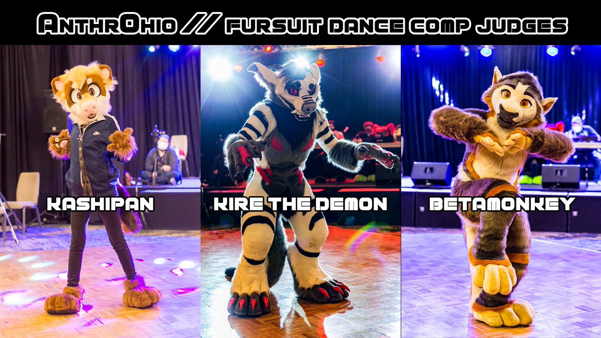 The #AO2023 Fursuit Dance Competition is about to start in Main Events with guest judges Kashipan (@kashi_cola, 2nd place, AO2022), Kire (@KireTheDemon, 1st Place, AO2022), and BetaMonkey (@BetaMonk3y, 1st Place, MFF2022/Judge, AO2022).