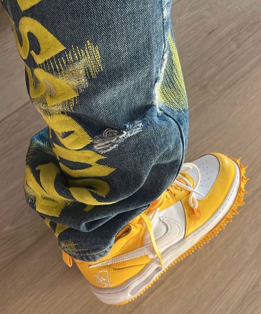 HypeNeverDies on X: OFF-WHITE x NIKE Air Force 1 Mid Canary Yellow “Grim  Reaper” On Foot Look 👀  / X