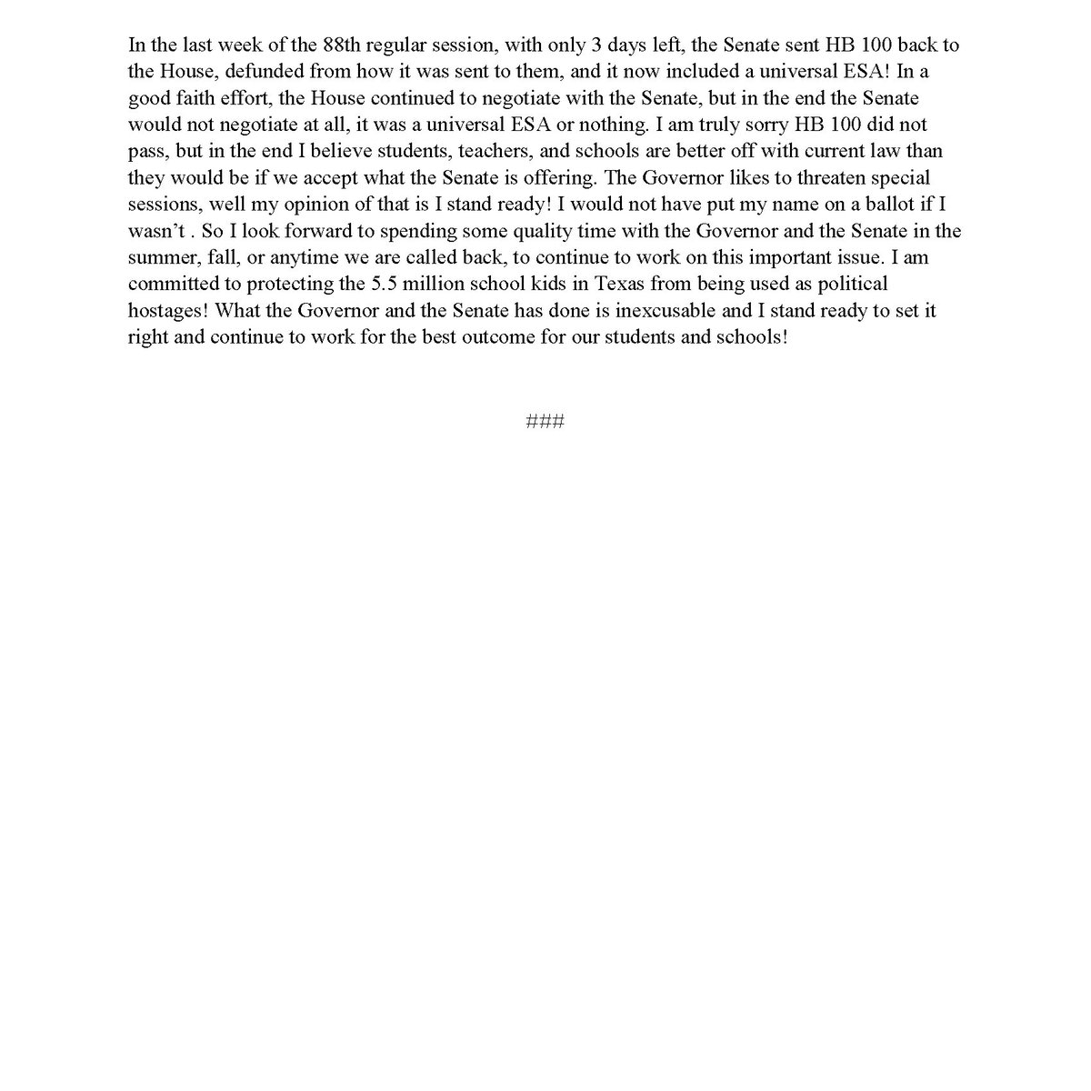 HB 100 was my signature piece of legislation for the 88th Regular Legislative Session. I'm very sad to say that it ultimately did not pass! Below is my statement.