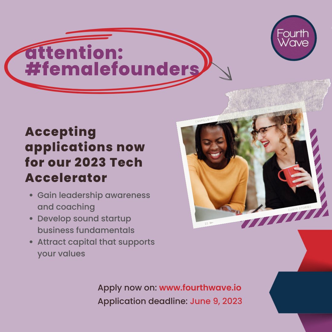 Now accepting applications for the 2023 Accelerator designed to empower women tech entrepreneurs looking to scale their businesses through #mentorship, #consciousleadership training and support in #fundraising, and investor introductions.
fourthwave.io/get-started