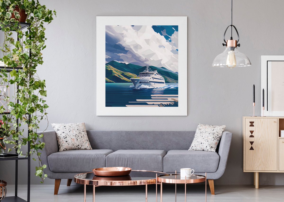 The latest addition to my #etsy shop: A Wall Art Print Featuring a Cruise Ship Gliding Through Serene Ocean Waters, Set Against a Backdrop of Vibrant Green Hills and Overcast Skies etsy.me/43aHcCq #oceanlandscape #yachtart #cruiseshipart #seascapeartwork