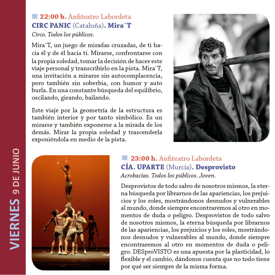 Monzón Cultural (@monzoncultural) on Twitter photo ¿Queréis saber qué espectáculos podremos disfrutar en esta XIV edición del MOBA Festival de Artes de calle?
📅 Viernes, 9 de junio
⏰ 19:30h
🤹 <a href="/KdeCalle/">K de Calle, Teatro</a>, Teatro
⏰ 22 h
🎪 <a href="/Circ_Panic/">Circ Panic</a>
📌 Anfiteatro Labordeta
⏰ 23 h
🎪 UpArte Cia
📌 Anfiteatro Labordeta ¿Queréis saber qué espectáculos podremos disfrutar en esta XIV edición del MOBA Festival de Artes de calle?
📅 Viernes, 9 de junio
⏰ 19:30h
🤹 <a href="/KdeCalle/">K de Calle, Teatro</a>, Teatro
⏰ 22 h
🎪 <a href="/Circ_Panic/">Circ Panic</a>
📌 Anfiteatro Labordeta
⏰ 23 h
🎪 UpArte Cia
📌 Anfiteatro Labordeta