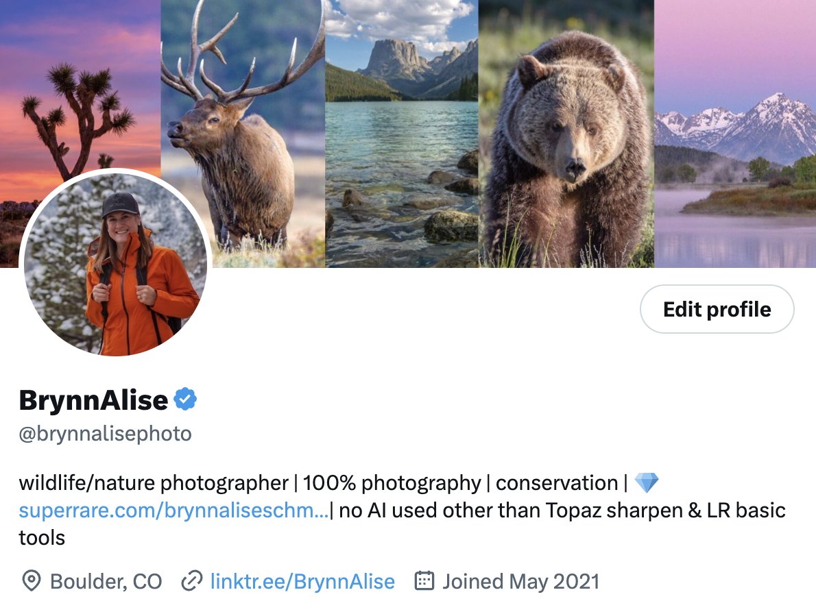 brynnalisephoto's tweet photo. I have nothing against AI, but I feel photographers need to be clear about what is and isn't AI. I have now included it in my bio for all to see.

Photography is about the experience. It is capturing a moment in time that will never be replicated. Much of what we photograph will not remain in the years to come. It is a historical record of events, people, and in my case, wildlife, and landscapes that will not remain the same with climate change and overpopulation.

I will do my best to share raw photos alongside edited ones so all edits are visible, with more behind-the-scenes images and videos, along with more detailed explanations about the photos I take. It will be crucial to share more about our experience with each photo we take and share, as AI is so close to making it unclear what is real and what isn't.

I have always used my photography to draw the viewer into realistic nature scenes so that one feels like they were there with me as I took the shot. This has been part of my mission of getting others to also care about conservation. There is so much that goes into capturing a single image. While AI is a fantastic tool and has been very fun to explore for me, it will never take the place of photography as art for me- the experience of camping in the mountains to get the sunrise shot or find the wildlife, the adventure to find the perfect view, the sounds, and smells of nature...the fact that it can take 25 trips to the same place to finally capture an image I am happy with. This cannot be replaced by AI. I hope that people continue to value real-life scenes and experiences as part of our humanity. That is all I will continue to focus on.

It will be very interesting to see what happens within the photography community as AI evolves and is already out in the newest version of Photoshop. I assume it will be similar to conversations around composite photography that have taken place in years past. I can see how useful it will be, and we already use it with Topaz sharpening and LR/PS to a small extent. What happens now as these tools can change all of a photo? It will definitely be interesting to watch.