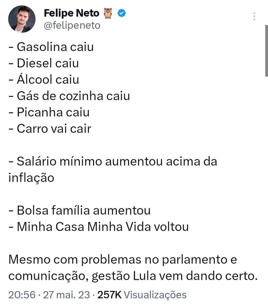 - Imposto aumentou
- Número de assaltos aumentou
- Impunidade aumentou
- Desemprego aumentou
- Inflação aumentou

- Salário de parlamentares e ministros do STF aumentou p/ R$ 41,6 mil

- Pobreza aumentou 
- Corrupção voltou

De fato, Lula segue entregando tudo que prometeu.