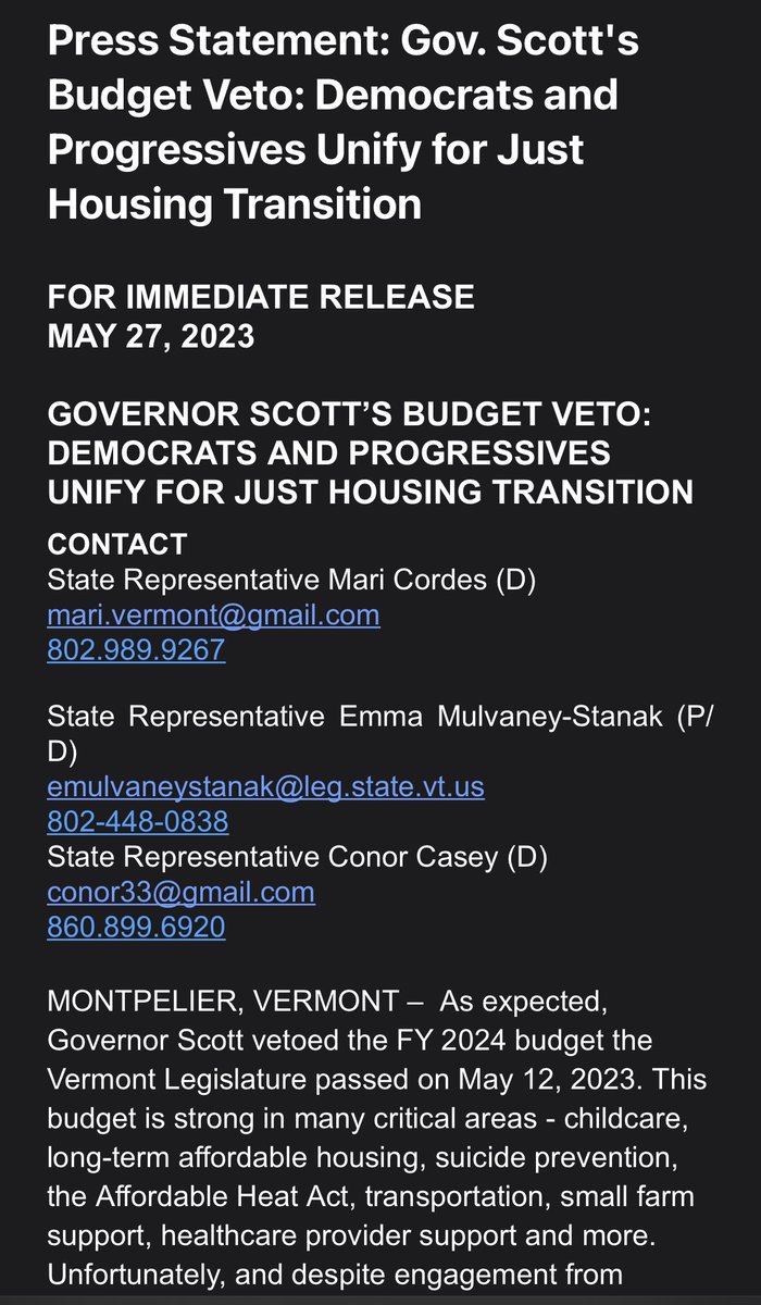 Our responsive to <a href="/PhilScott4VT/">Phil Scott for Vermont</a>’s veto of the budget today. We now have an opportunity to fix this housing crisis and do the right thing. 1/3 #vtpoli