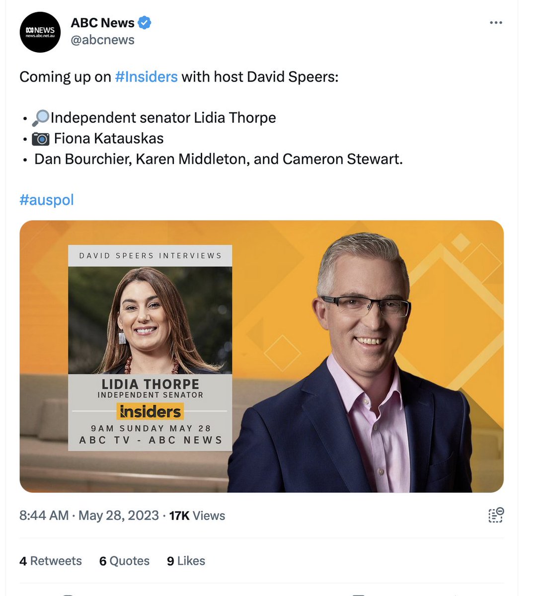 RonniSalt's tweet photo. What madness infects the minds of #Insiders producers and ABC management?

What an abject failure you all are

Days after bleating your apologies &amp; promising to do better, you platform a journalist employed in the same toxic sewer that degrades Stan Grant

What is wrong with you? https://t.co/e09jXdDlES