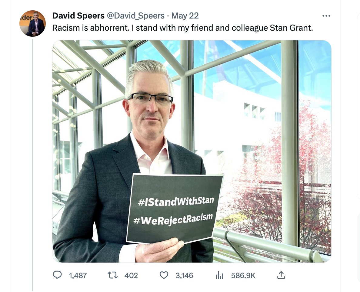 Here's David Speers preening about supporting Stan Grant yet within 5 days he's happily chatting to a representative of the same media outlet that fomented hatred & harassed Stan for weeks

You don't ban Russia from the Olympics & then invite a few 'nice' Russian athletes along