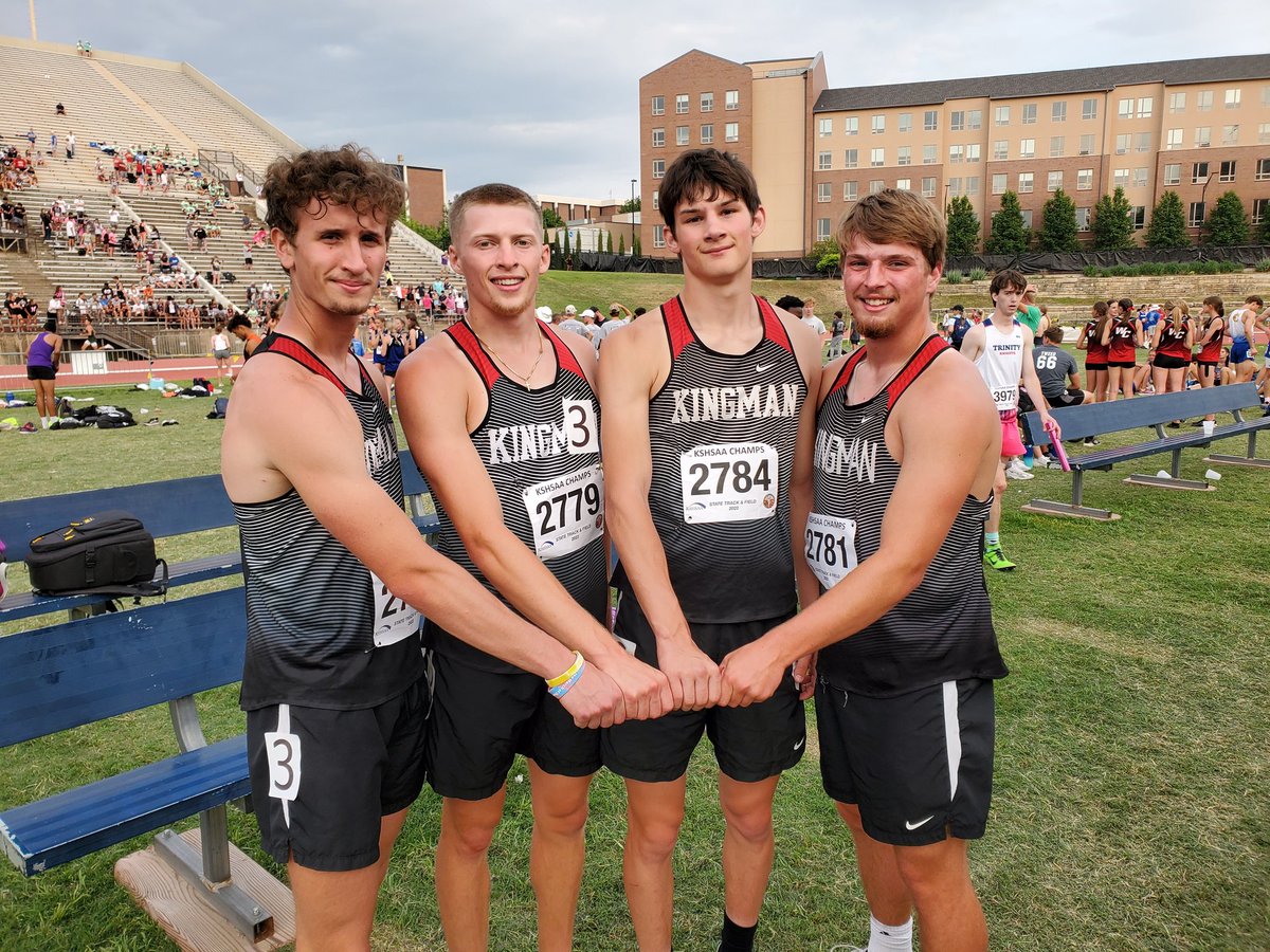 Kingman boys 4x400 relay takes sixth in 3A. Members are Ethan Smith, Ty Birkenbaugh, Chase Webster and Avrey Albright.