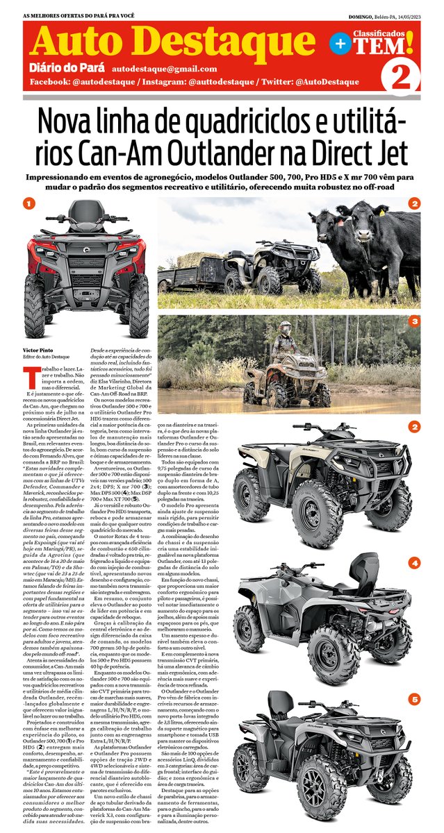 AutoDestaque's tweet photo. Caderno Auto Destaque do jornal Diário do Pará de 14/05/2023 #AutoDestaque #DiárioDoPará #DirectJet #CanAm #quadriciclos #utilitários #CanAmOutlander #dicasautomotivas #RRPneus #pneu #suspensão #amortecedor #leilão #carrodeluxo #RamWay #Ram #RamTrucks #Ram1500 #Ram1500Limited https://t.co/HPHn0a8nzJ