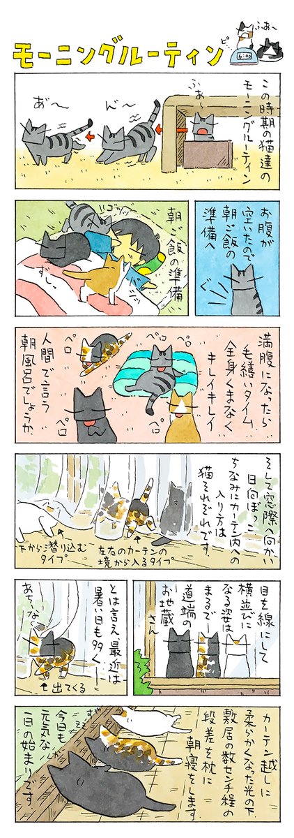 「朝活」 ご飯の準備・身だしなみ・健康管理。 あわただしい一日の始まり。 寝るのももちろんお仕事です。 (久保智昭さんの「猫色スケッチブック」)つづきはこちら⇒