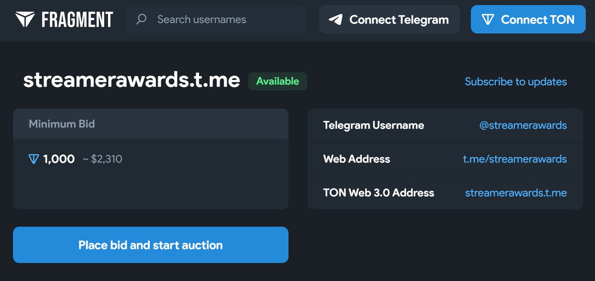 Collectible Telegram domain username Available for auction
Check it out on: fragment.com/username/strea…
Start bid 1000 TON
#Fragment #TONCOIN #domains #username #telegram #Tonkeeper #web3 #domainforsale #Auction #NFT #DomainNames #NFTCommunity #collectible #NFTsales #streamerawards