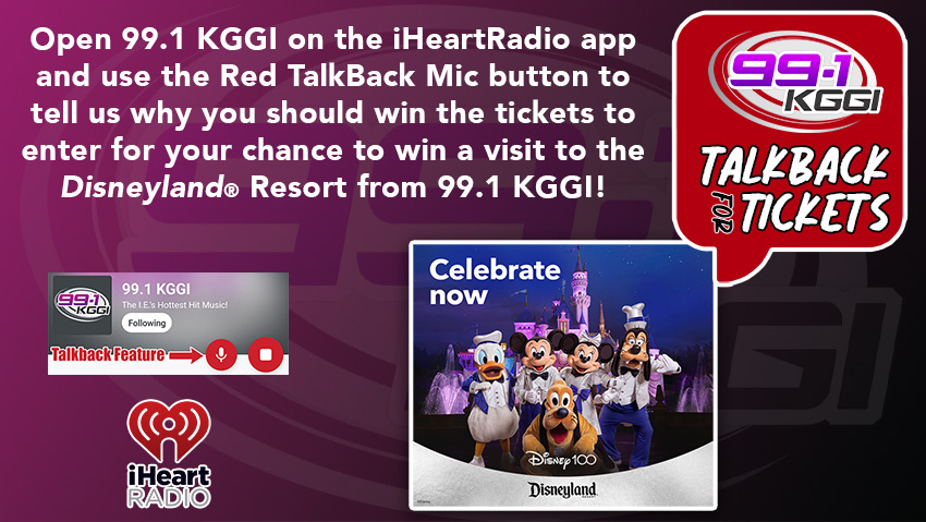 This Memorial Weekend, open up 99.1 KGGI on the @iHeartRadio app, tap on the red button with the mic to use the Talkback feature and tell us why you should win Disneyland tix. Then listen to @TinoCochino Tue. during the 7am hour to see if you won. Info at https://t.co/FRmAvHvWVE. https://t.co/RRZ4zf4wTo